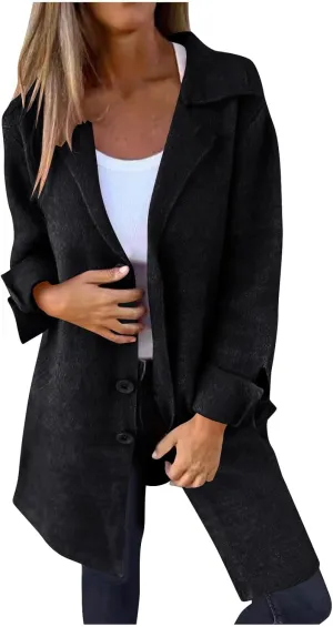 maisdgop Winter Trench Coat Women Single Breasted Open Front Woolen Cloth Jacket Mid Length Long Sleeve Lapel Windbreaker