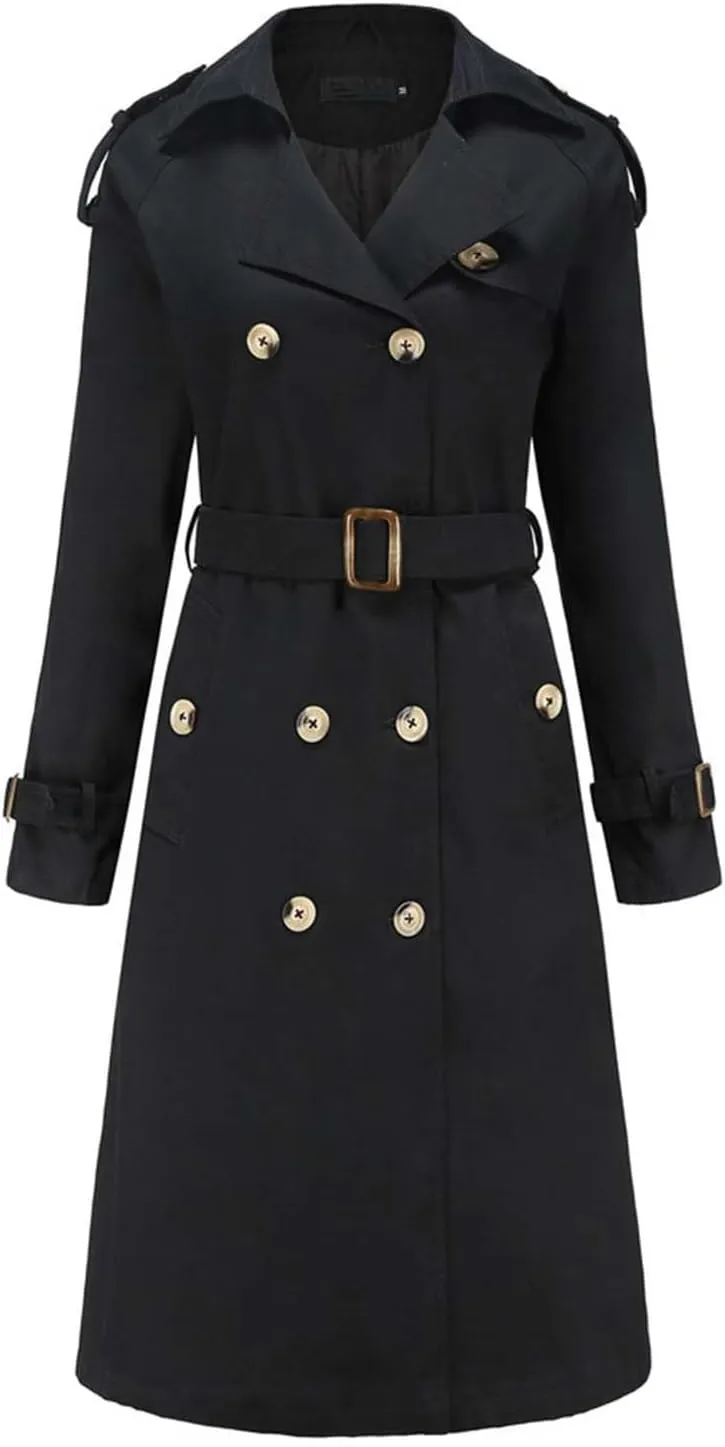 maisdgop Womens Trench Coat Classic Double Breasted Straps Overcoat Open Front Lapel Windbreaker Winter Long Sleeve Peacoats