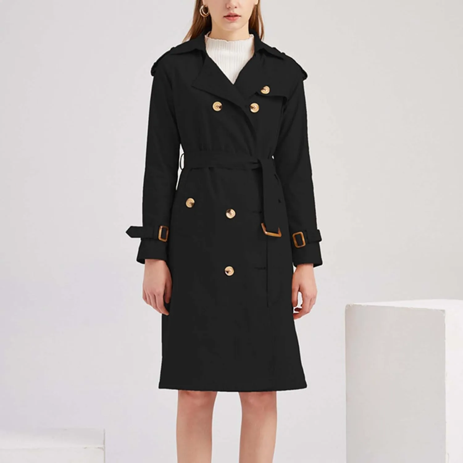maisdgop Womens Trench Coat Classic Double Breasted Straps Overcoat Open Front Lapel Windbreaker Winter Long Sleeve Peacoats