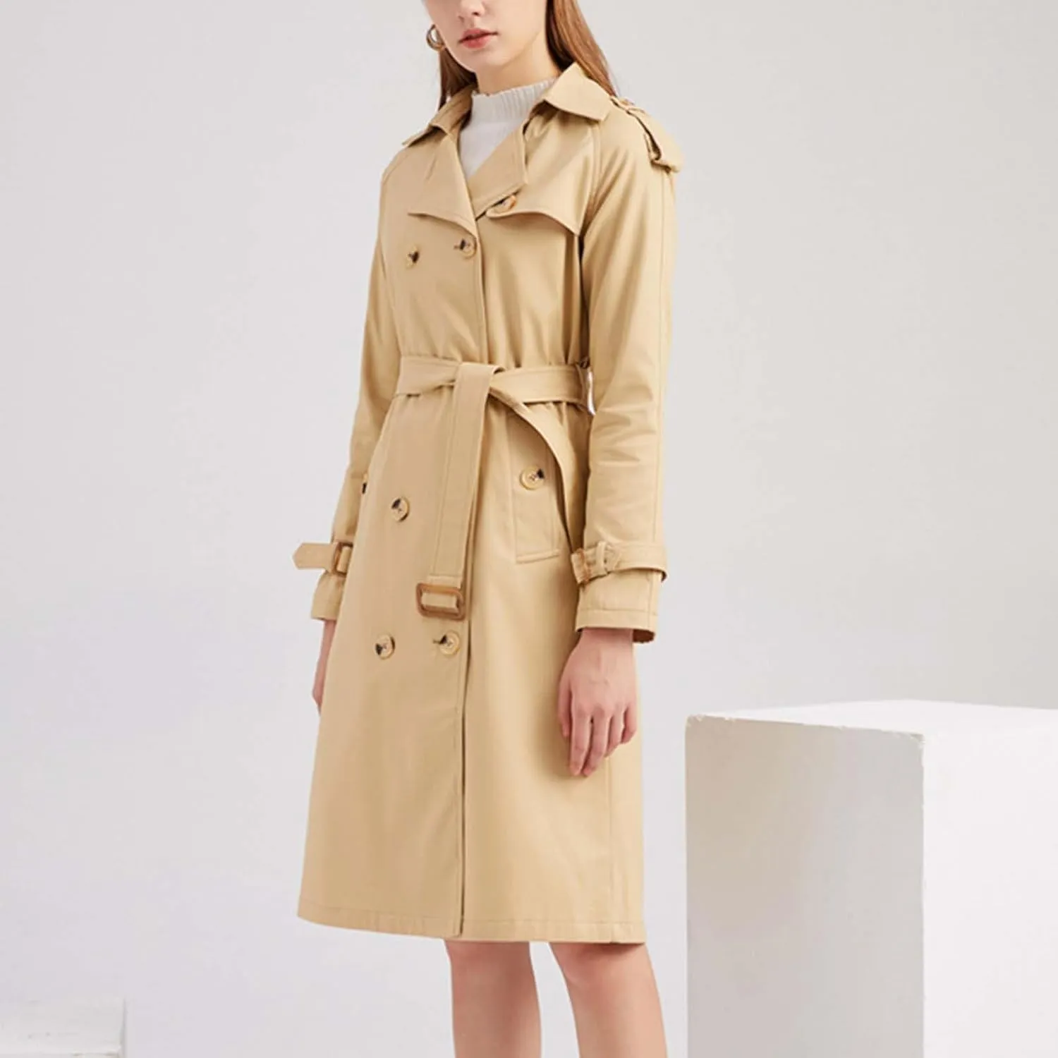 maisdgop Womens Trench Coat Classic Double Breasted Straps Overcoat Open Front Lapel Windbreaker Winter Long Sleeve Peacoats