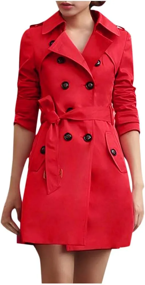 maisdgop Womens Trench Coat Classic Double Breasted Straps Overcoat Open Front Lapel Windbreaker Winter Long Sleeve Peacoats