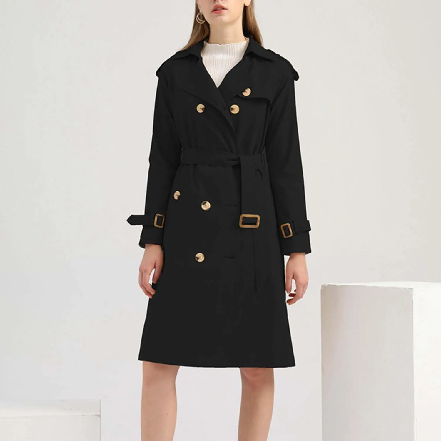 maisdgop Womens Trench Coat Classic Double Breasted Straps Overcoat Open Front Lapel Windbreaker Winter Long Sleeve Peacoats