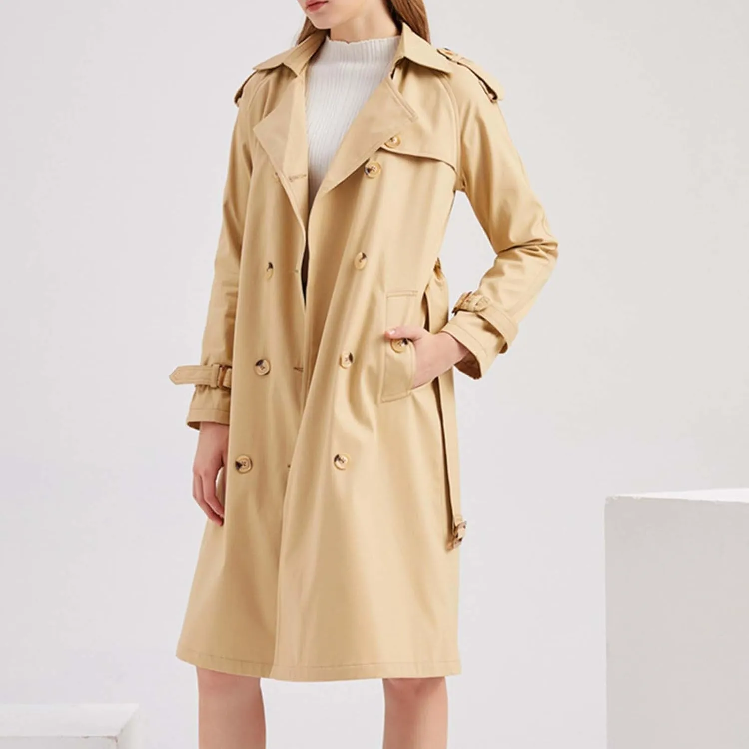 maisdgop Womens Trench Coat Classic Double Breasted Straps Overcoat Open Front Lapel Windbreaker Winter Long Sleeve Peacoats