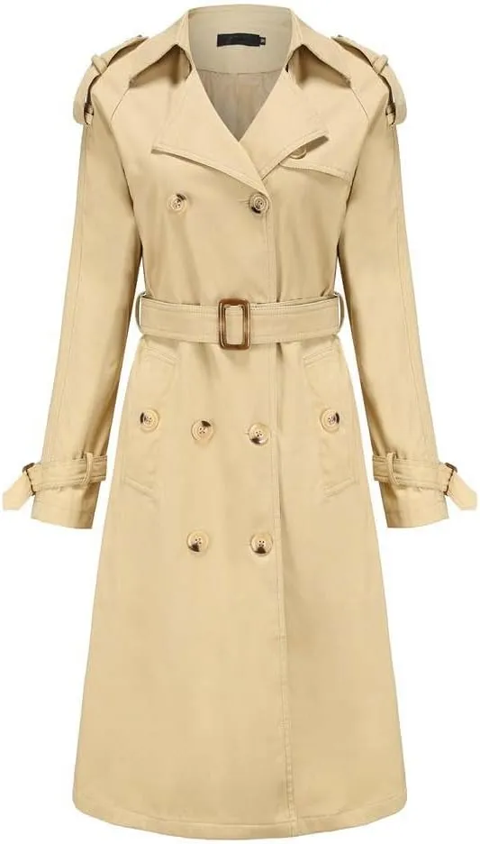 maisdgop Womens Trench Coat Classic Double Breasted Straps Overcoat Open Front Lapel Windbreaker Winter Long Sleeve Peacoats