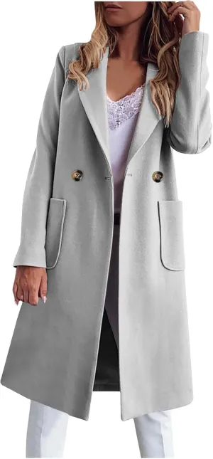 maisdgop Women's Trench Coat Winter Wool Blend Coats Trendy Double Breasted Lapel Jacket Open Front Windbreaker with Pockets