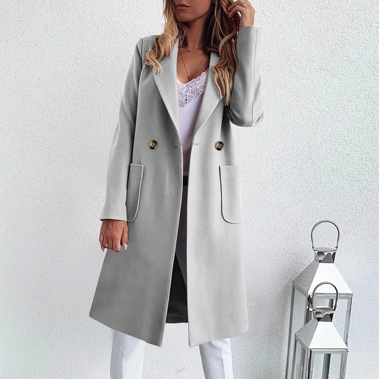 maisdgop Women's Trench Coat Winter Wool Blend Coats Trendy Double Breasted Lapel Jacket Open Front Windbreaker with Pockets