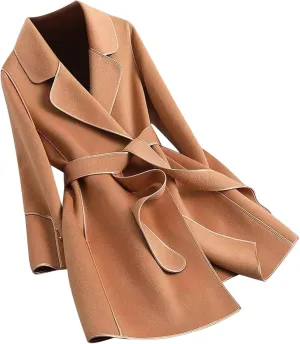 maisdgop Women's Trench Coats Open Front Woolen Cloth Overcoat Thick Long Sleeve Jackets Soft Mid Length Lapel Windbreaker