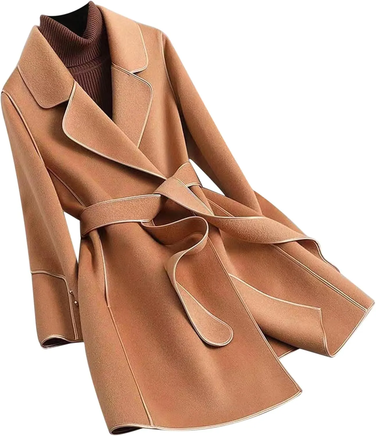 maisdgop Women's Trench Coats Open Front Woolen Cloth Overcoat Thick Long Sleeve Jackets Soft Mid Length Lapel Windbreaker