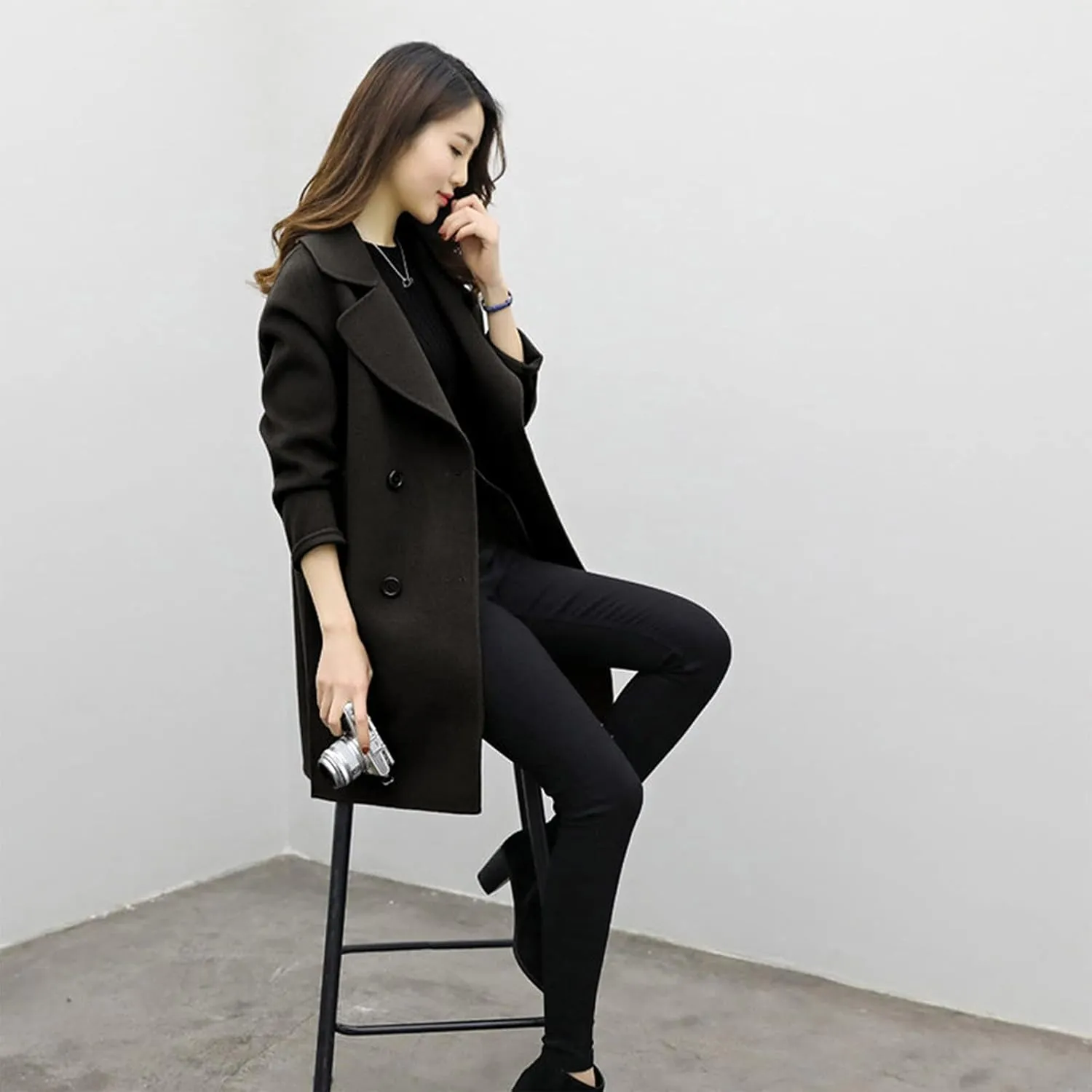 maisdgop Wool Trench Coat Women 2024 Fashion Button down Windbreaker Classic Belted Lapel Peacoats Winter Long Sleeve Coats