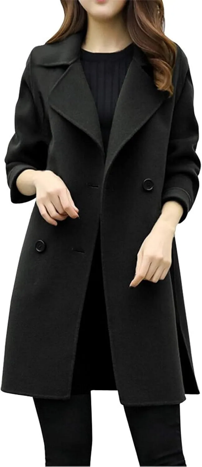 maisdgop Wool Trench Coat Women 2024 Fashion Button down Windbreaker Classic Belted Lapel Peacoats Winter Long Sleeve Coats