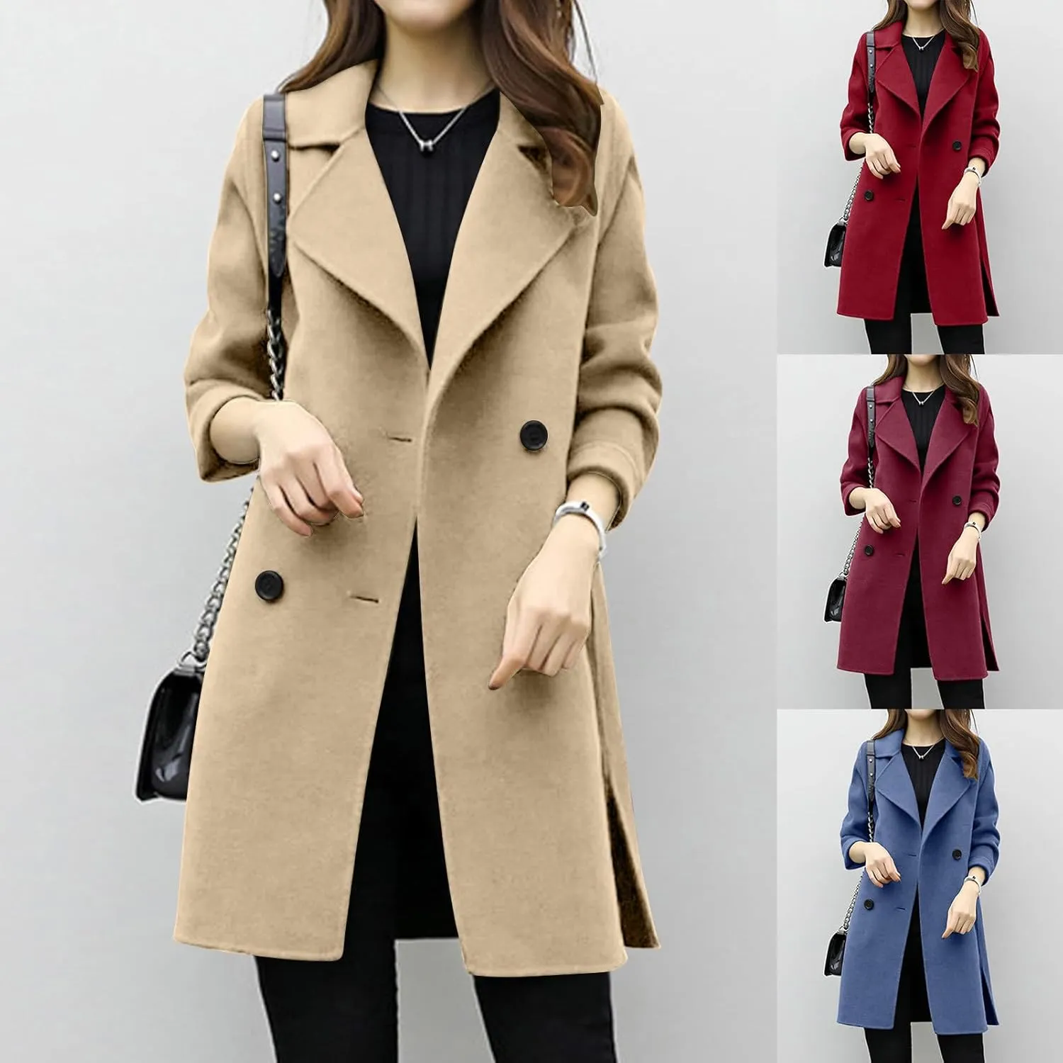 maisdgop Wool Trench Coat Women 2024 Fashion Button down Windbreaker Classic Belted Lapel Peacoats Winter Long Sleeve Coats