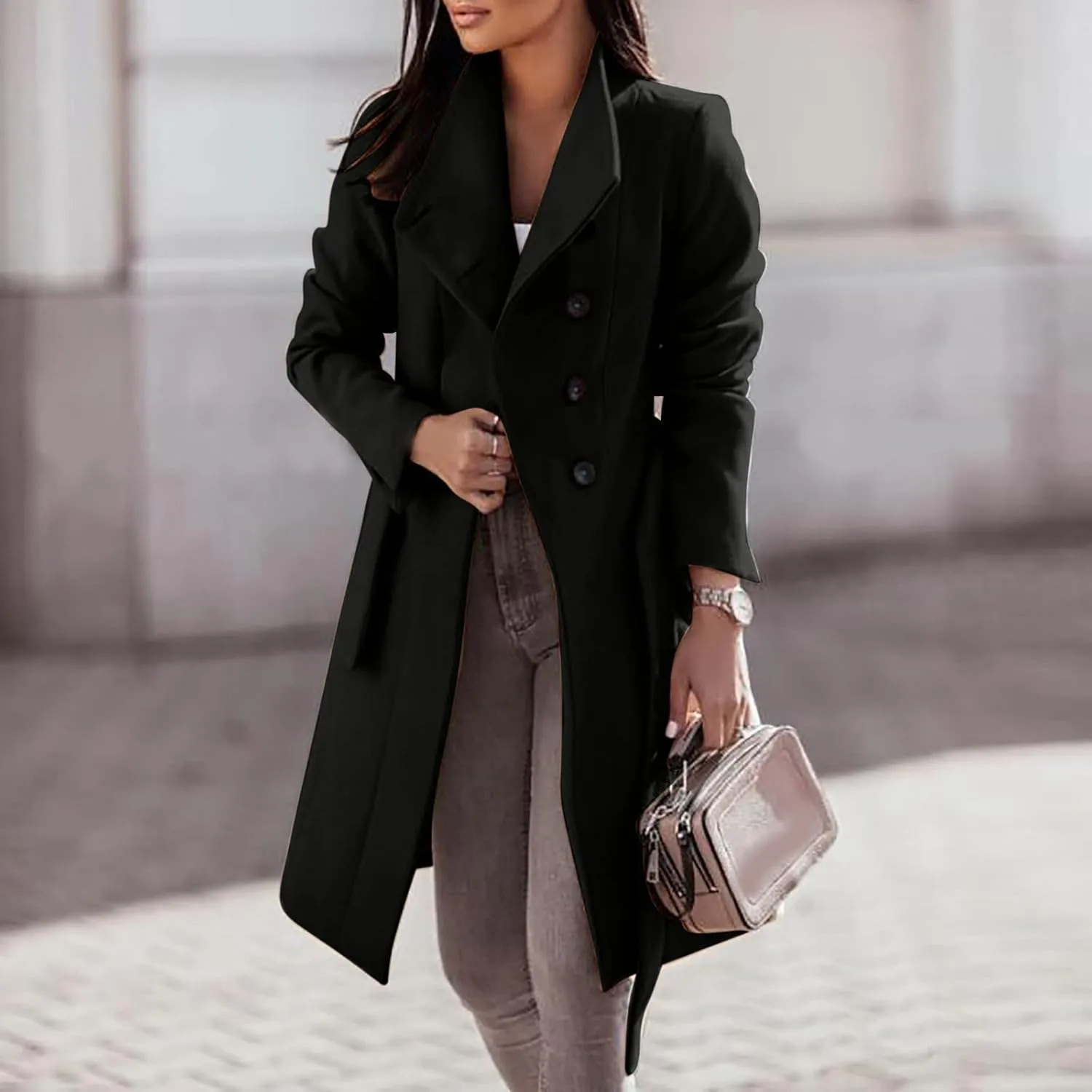 maisdgop Wool Trench Coat Women 2024 Fashion Button down Windbreaker Classic Belted Lapel Peacoats Winter Long Sleeve Coats