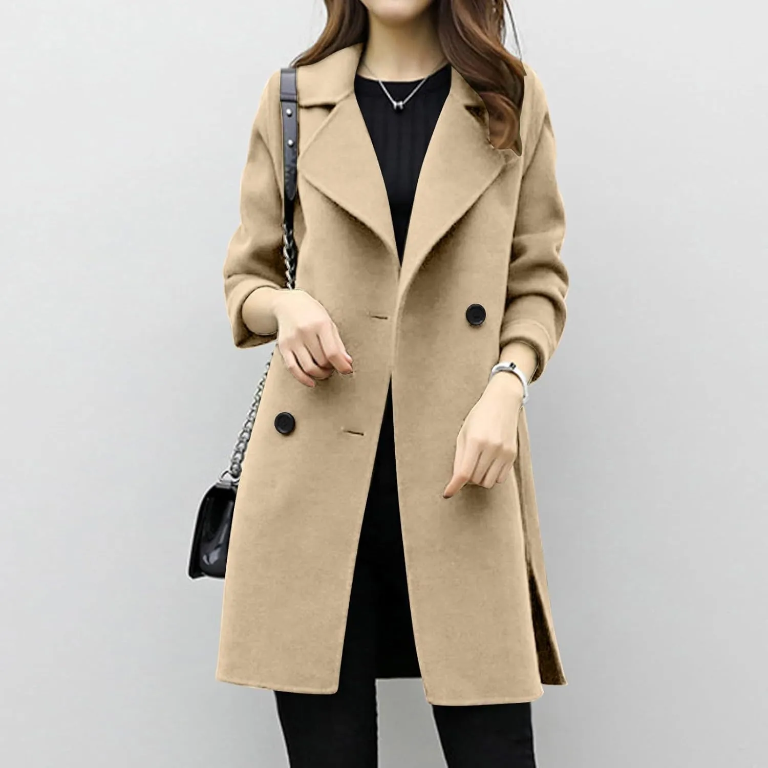 maisdgop Wool Trench Coat Women 2024 Fashion Button down Windbreaker Classic Belted Lapel Peacoats Winter Long Sleeve Coats