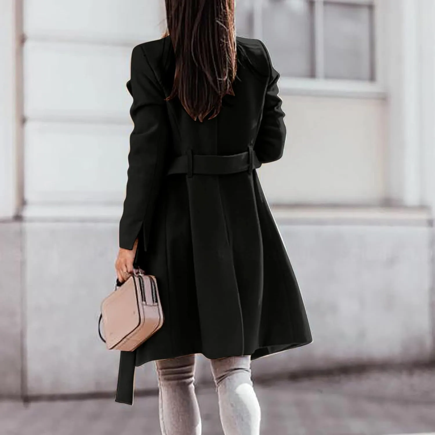 maisdgop Wool Trench Coat Women 2024 Fashion Button down Windbreaker Classic Belted Lapel Peacoats Winter Long Sleeve Coats