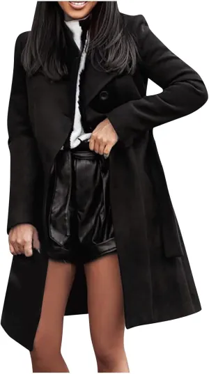 maisdgop Wool Trench Coat Women 2024 Fashion Button down Windbreaker Classic Belted Lapel Peacoats Winter Long Sleeve Coats