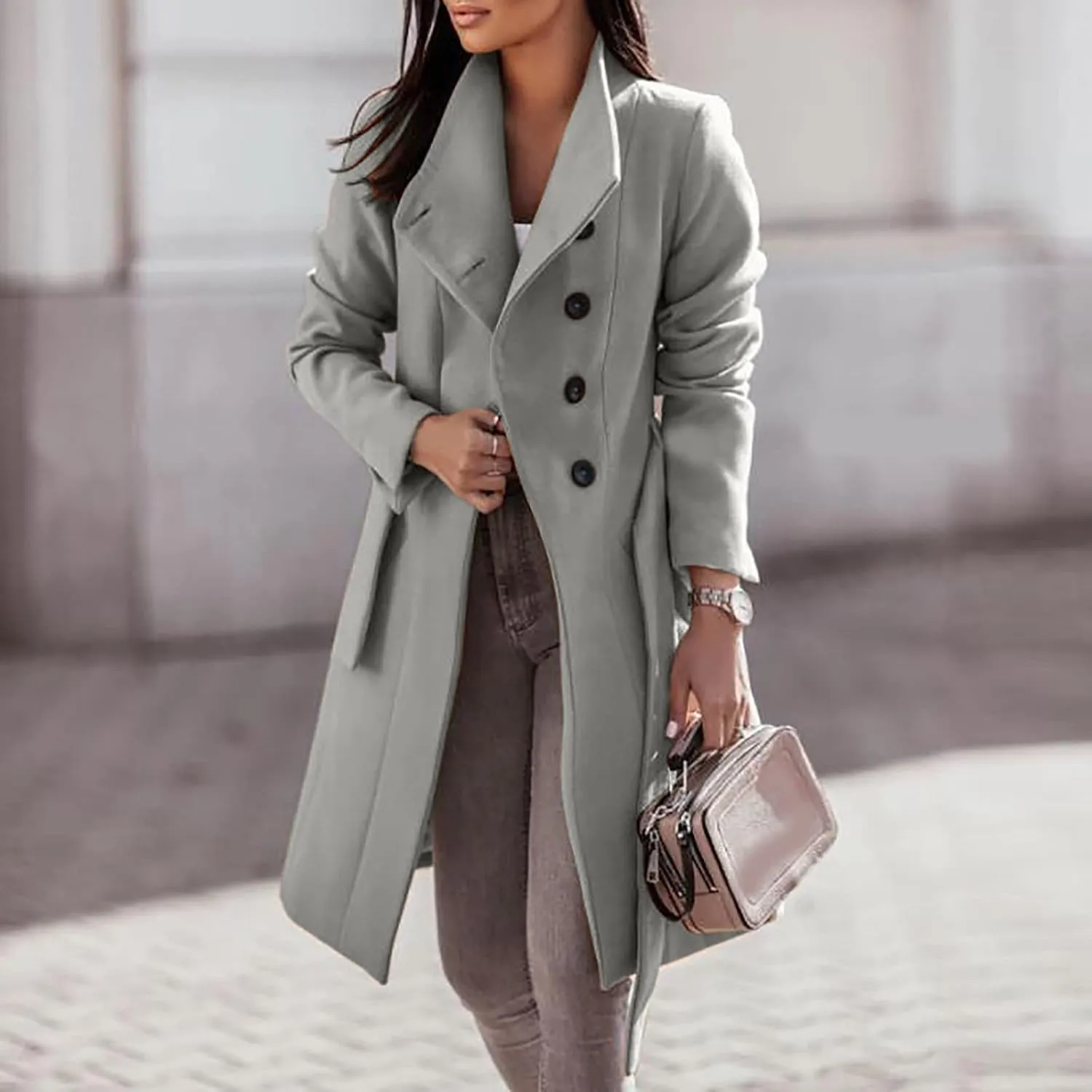 maisdgop Wool Trench Coat Women 2024 Fashion Button down Windbreaker Classic Belted Lapel Peacoats Winter Long Sleeve Coats