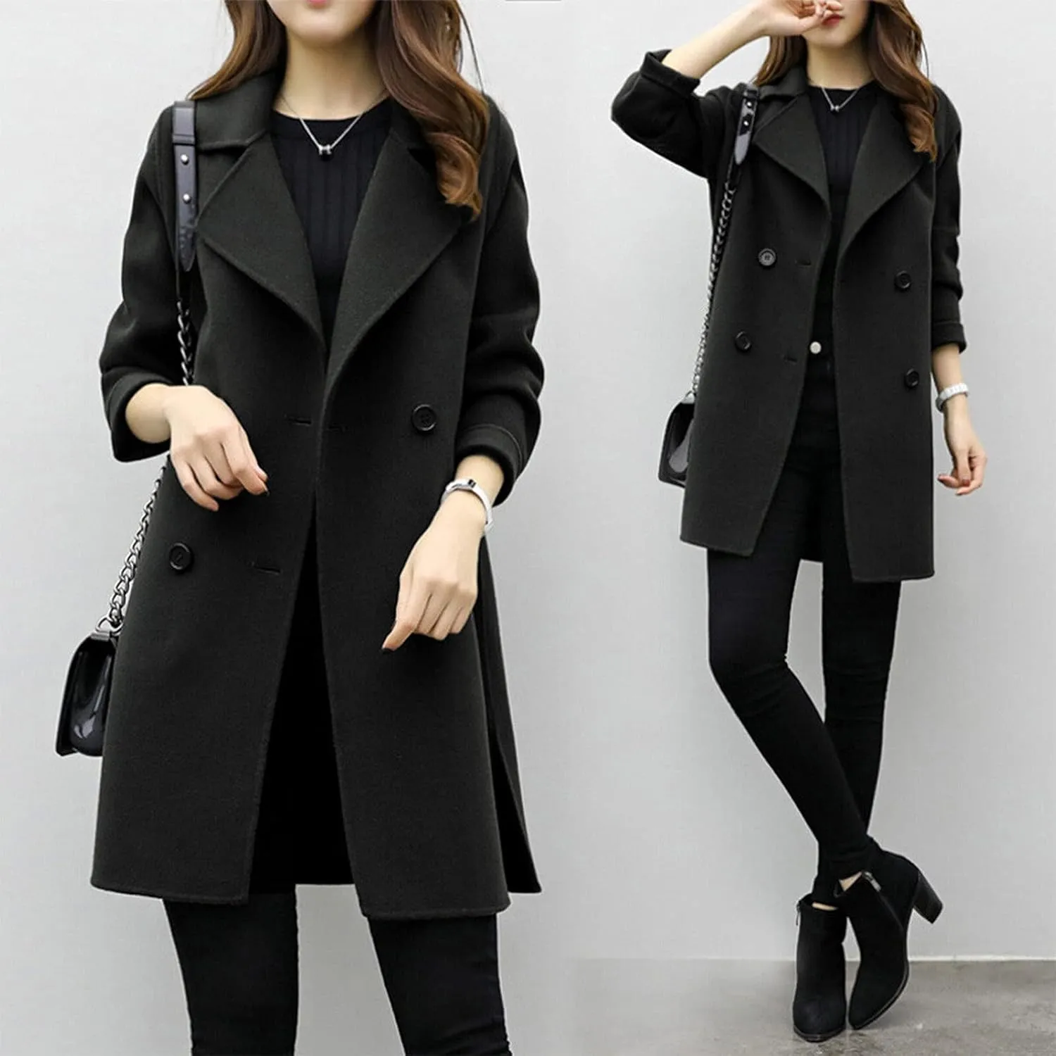 maisdgop Wool Trench Coat Women 2024 Fashion Button down Windbreaker Classic Belted Lapel Peacoats Winter Long Sleeve Coats