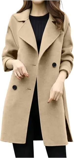 maisdgop Wool Trench Coat Women 2024 Fashion Button down Windbreaker Classic Belted Lapel Peacoats Winter Long Sleeve Coats
