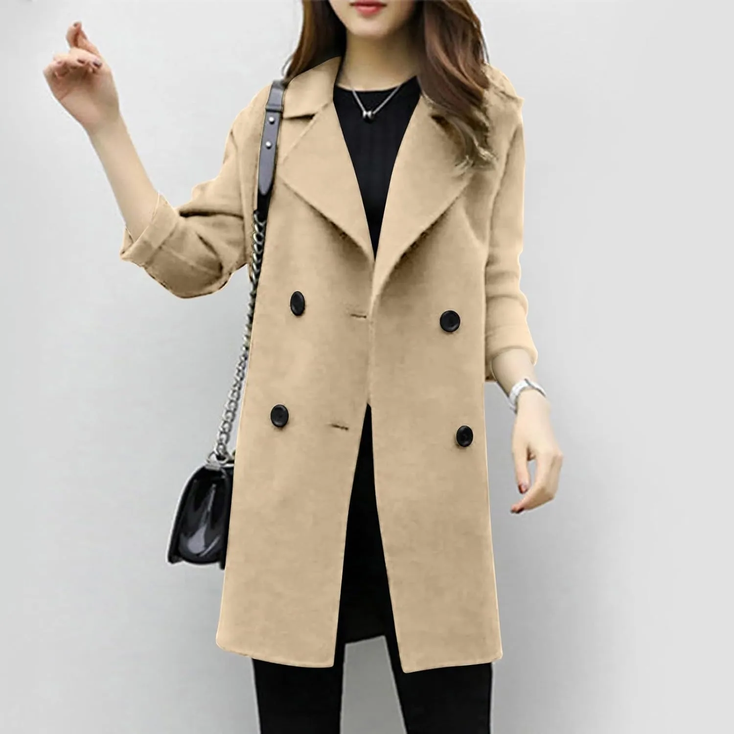 maisdgop Wool Trench Coat Women 2024 Fashion Button down Windbreaker Classic Belted Lapel Peacoats Winter Long Sleeve Coats