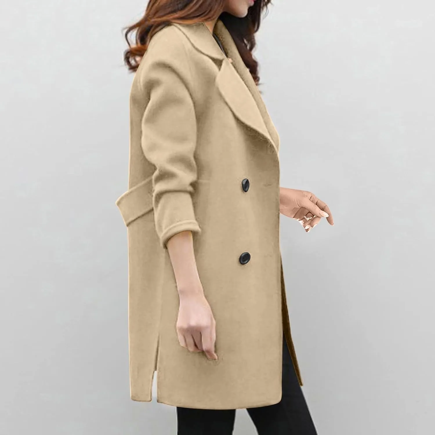 maisdgop Wool Trench Coat Women 2024 Fashion Button down Windbreaker Classic Belted Lapel Peacoats Winter Long Sleeve Coats