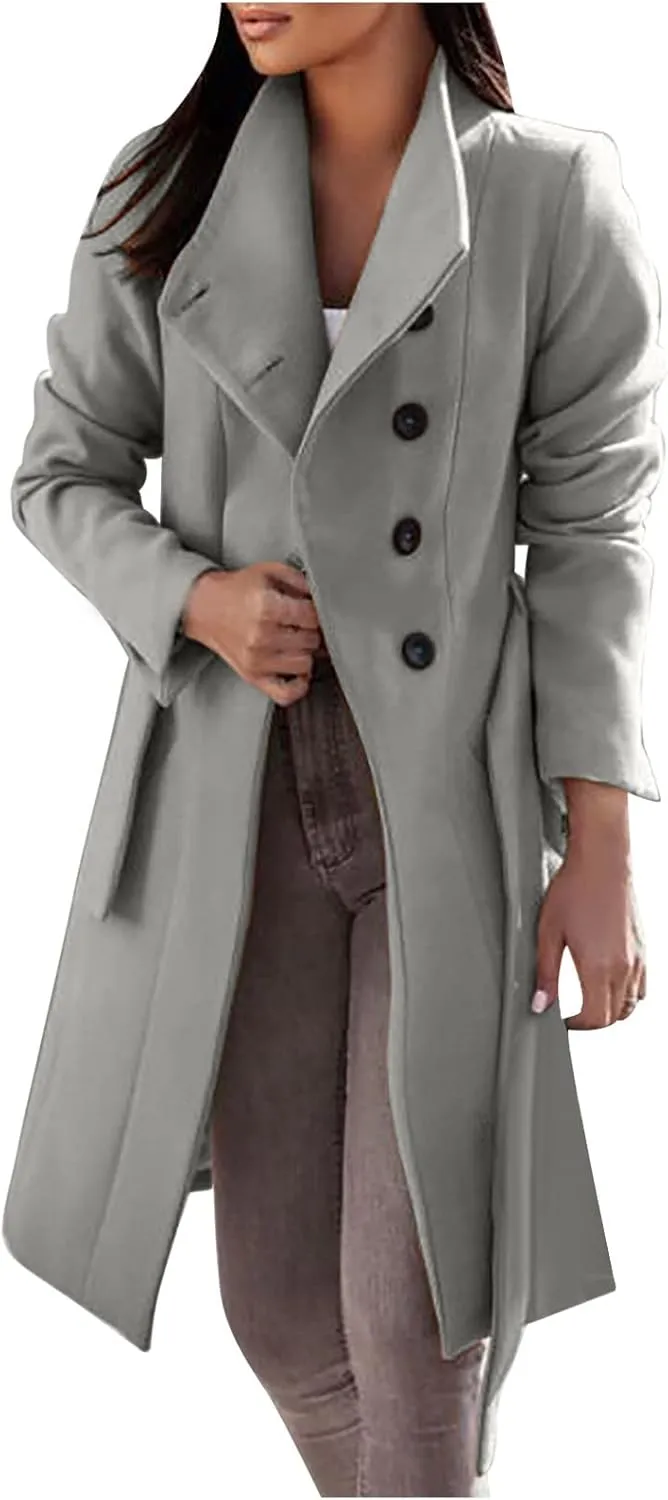 maisdgop Wool Trench Coat Women 2024 Fashion Button down Windbreaker Classic Belted Lapel Peacoats Winter Long Sleeve Coats