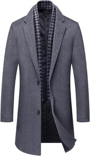 Maiyifu-GJ Men's Lapel Quilted Wool Blend Coat Detachable Scarf Single Breasted Pea Coat Casual Warm Winter Trench Coats