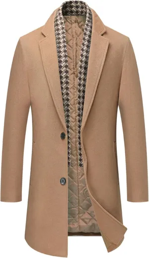 Maiyifu-GJ Men's Lapel Quilted Wool Blend Coat Detachable Scarf Single Breasted Pea Coat Casual Warm Winter Trench Coats