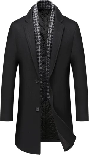 Maiyifu-GJ Men's Lapel Quilted Wool Blend Coat Detachable Scarf Single Breasted Pea Coat Casual Warm Winter Trench Coats