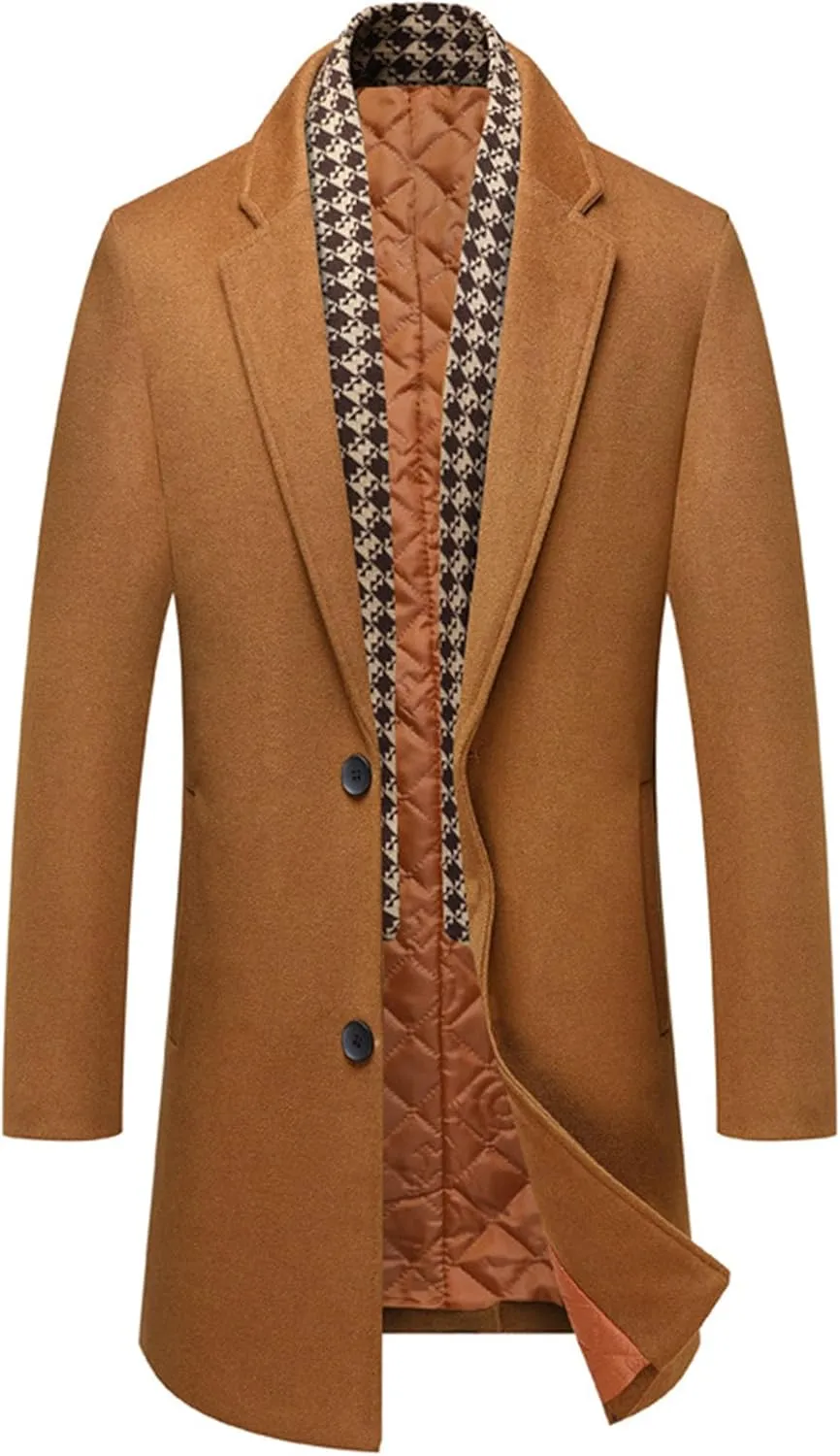 Maiyifu-GJ Men's Lapel Quilted Wool Blend Coat Detachable Scarf Single Breasted Pea Coat Casual Warm Winter Trench Coats
