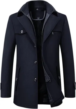 Maiyifu-GJ Men's Mock Neck Wool Blend Peacoat Double Breasted Slim Fit Trench Jackets Fashion Warm Mid Long Overcoat