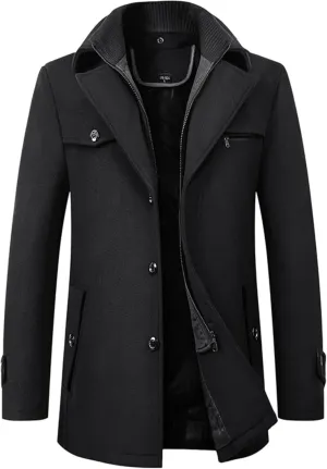 Maiyifu-GJ Men's Mock Neck Wool Blend Peacoat Double Breasted Slim Fit Trench Jackets Fashion Warm Mid Long Overcoat