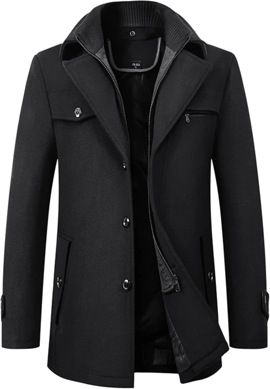 Maiyifu-GJ Men's Mock Neck Wool Blend Peacoat Double Breasted Slim Fit Trench Jackets Fashion Warm Mid Long Overcoat