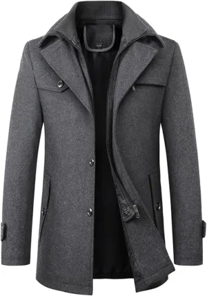 Maiyifu-GJ Men's Mock Neck Wool Blend Peacoat Double Breasted Slim Fit Trench Jackets Fashion Warm Mid Long Overcoat