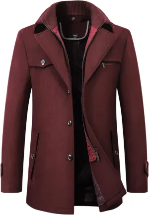 Maiyifu-GJ Men's Mock Neck Wool Blend Peacoat Double Breasted Slim Fit Trench Jackets Fashion Warm Mid Long Overcoat