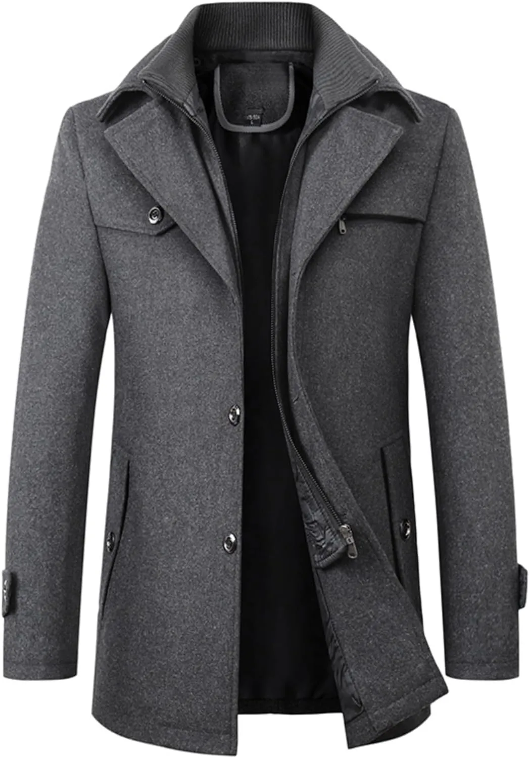 Maiyifu-GJ Men's Mock Neck Wool Blend Peacoat Double Breasted Slim Fit Trench Jackets Fashion Warm Mid Long Overcoat