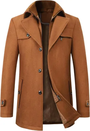 Maiyifu-GJ Men's Mock Neck Wool Blend Peacoat Double Breasted Slim Fit Trench Jackets Fashion Warm Mid Long Overcoat