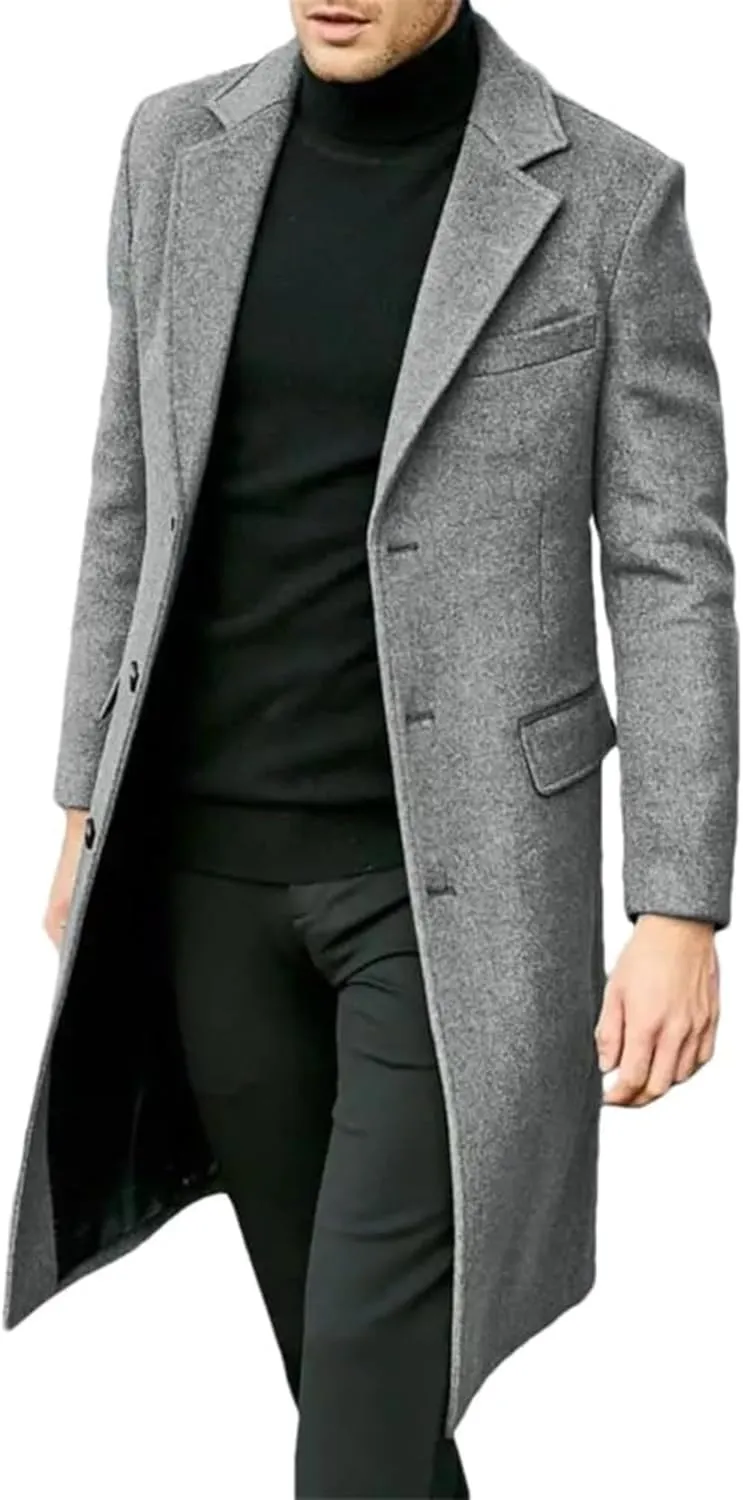 Maiyifu-GJ Men's Single Breasted Wool Blend Pea Coat Winter Thick Slim Fit Trench Coats Long Warm Classic Business Coat