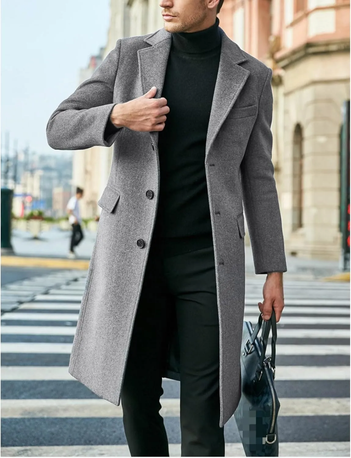 Maiyifu-GJ Men's Single Breasted Wool Blend Pea Coat Winter Thick Slim Fit Trench Coats Long Warm Classic Business Coat
