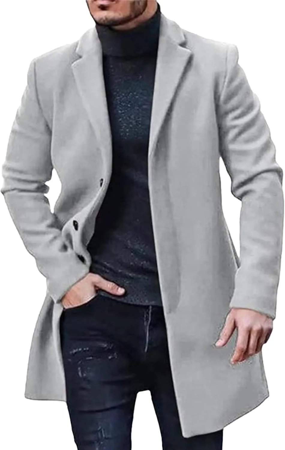 Maiyifu-GJ Men's Thermal Wool Blend Trench Coats Single Breasted Notch Lapel Wool Coat Mid-Length Fashion Peacoat