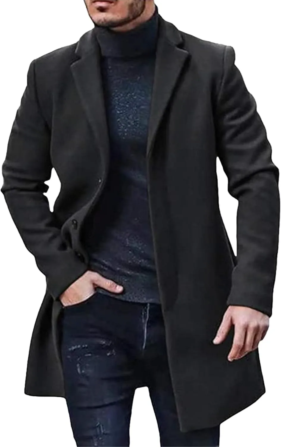 Maiyifu-GJ Men's Thermal Wool Blend Trench Coats Single Breasted Notch Lapel Wool Coat Mid-Length Fashion Peacoat