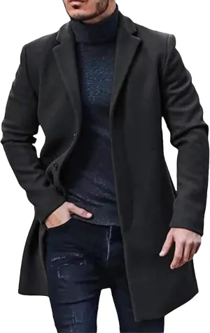 Maiyifu-GJ Men's Thermal Wool Blend Trench Coats Single Breasted Notch Lapel Wool Coat Mid-Length Fashion Peacoat
