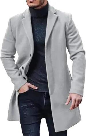 Maiyifu-GJ Men's Thermal Wool Blend Trench Coats Single Breasted Notch Lapel Wool Coat Mid-Length Fashion Peacoat