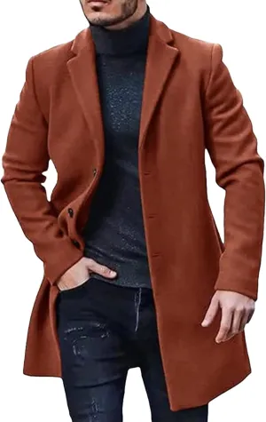 Maiyifu-GJ Men's Thermal Wool Blend Trench Coats Single Breasted Notch Lapel Wool Coat Mid-Length Fashion Peacoat