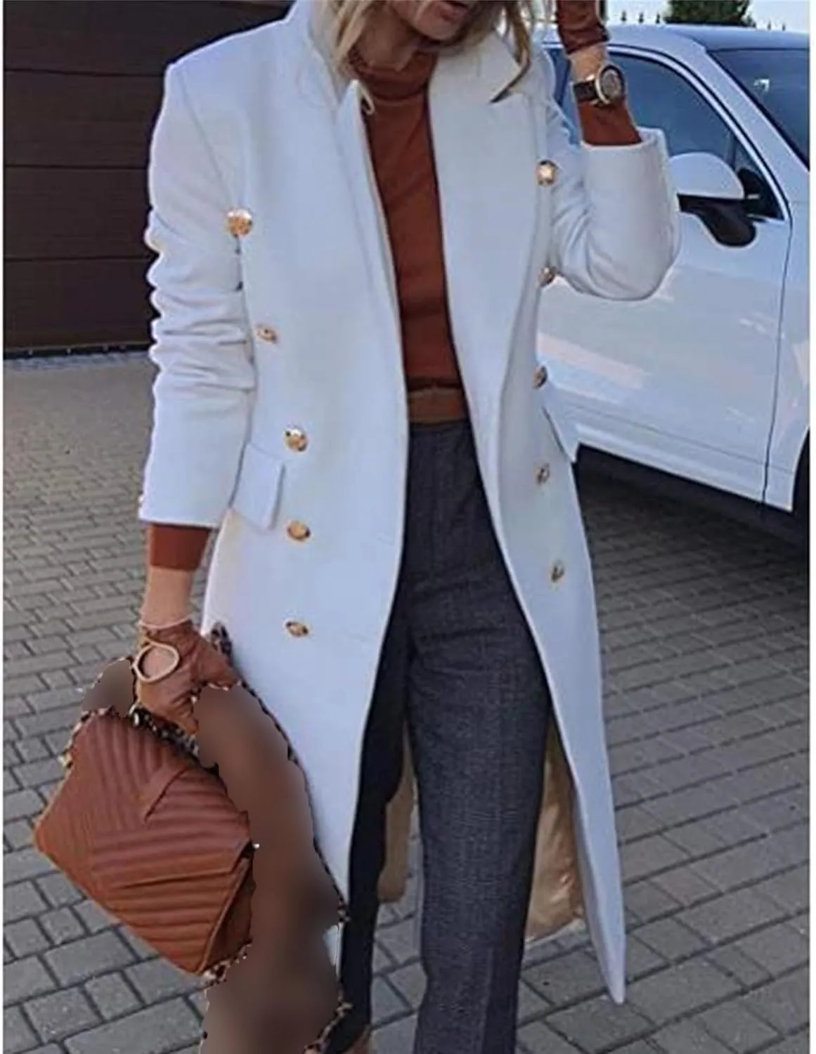 Maiyifu-GJ Women's Overcoat Notched Lapel Double Breasted Coats Fall Winter Elegant Wool Blend Trench Coat Long Jackets