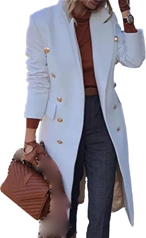 Maiyifu-GJ Women's Overcoat Notched Lapel Double Breasted Coats Fall Winter Elegant Wool Blend Trench Coat Long Jackets