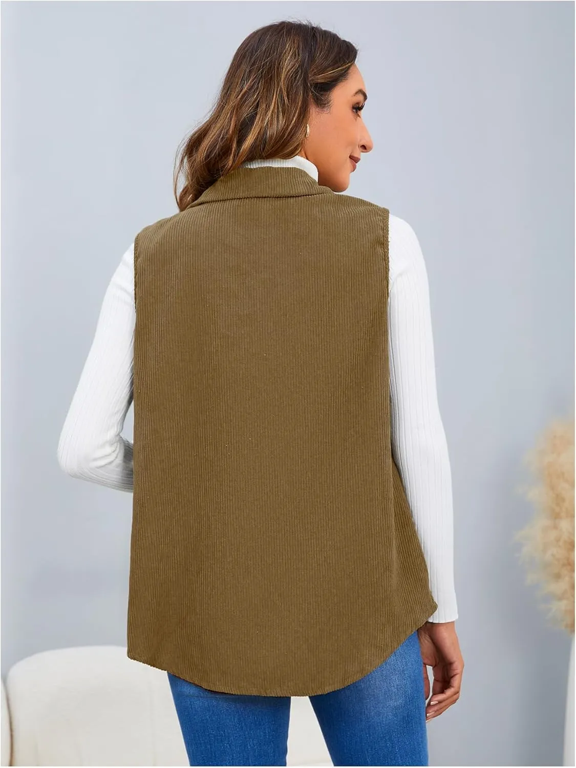 MakeMeChic Women's Ribbed Collared Lightweight Vest Corduroy Button Front Sleeveless Vest Jackets