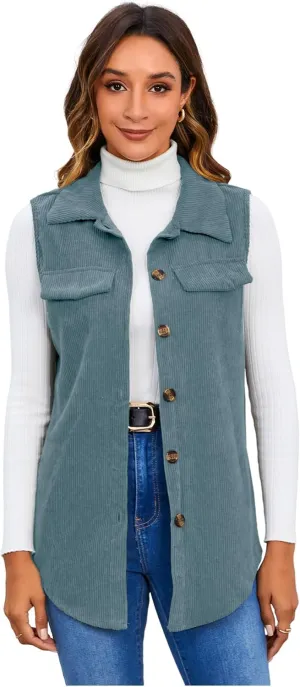 MakeMeChic Women's Ribbed Collared Lightweight Vest Corduroy Button Front Sleeveless Vest Jackets
