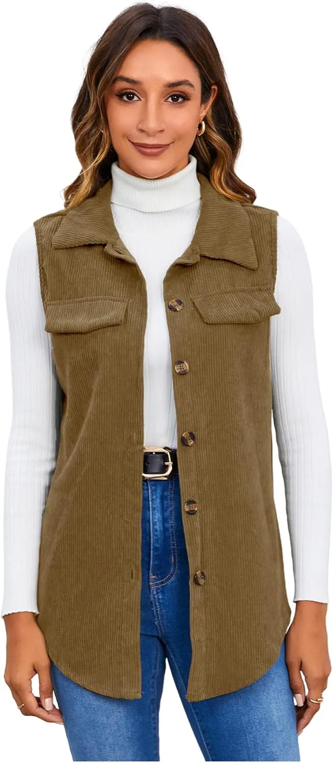 MakeMeChic Women's Ribbed Collared Lightweight Vest Corduroy Button Front Sleeveless Vest Jackets