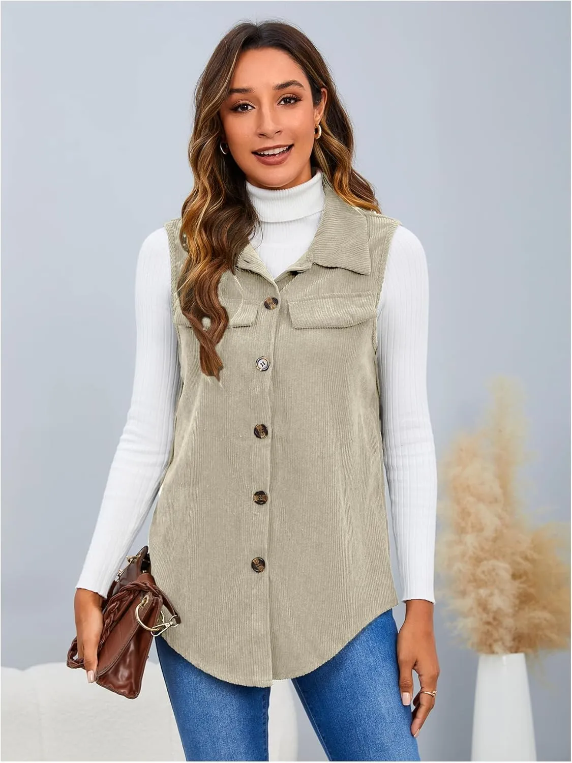 MakeMeChic Women's Ribbed Collared Lightweight Vest Corduroy Button Front Sleeveless Vest Jackets