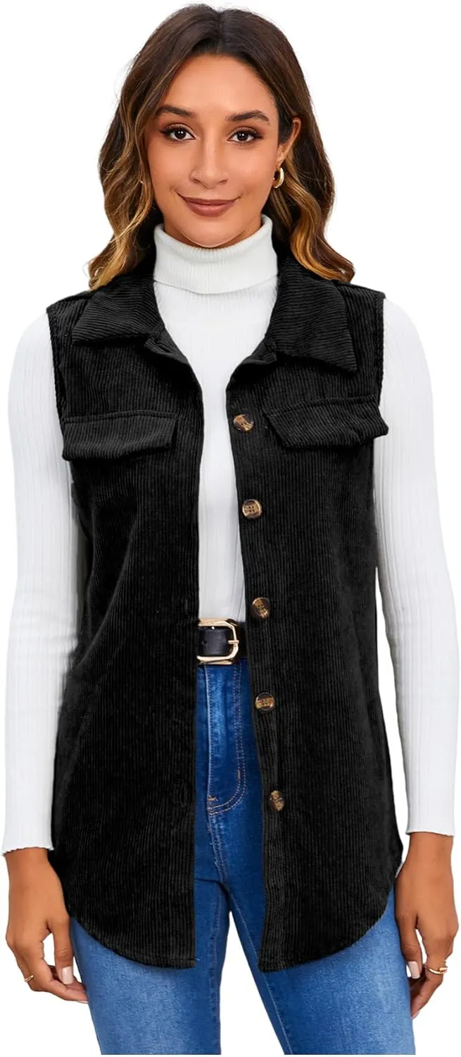 MakeMeChic Women's Ribbed Collared Lightweight Vest Corduroy Button Front Sleeveless Vest Jackets